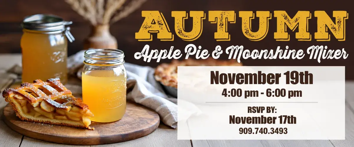 Autumn Apple Pie & Moonshine Mixer at Allara in Rancho Cucamonga, November 19, featuring apple pie and moonshine tasting.